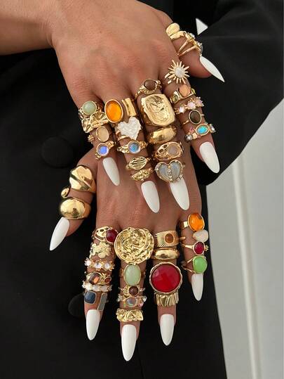 20/6pcs Vintage Elegant Minimalist Bohemian Style Gold Stackable Rings Set, Includes Flower, Bow, Faux Pearl, Twist, Heart, Rhinestone, Moon, Star, Geometric, Cat Eye Stone Designs, Suitable For Women, Holidays, Parties, Dates, Daily Wear, Gift (Random Assortment)