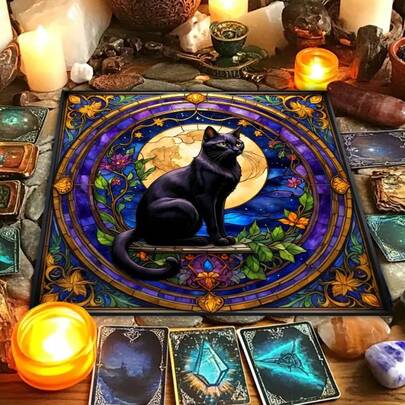 1pc Mystical Cat Tarot Card Tablecloth Divination Altar Cloth Square Altar Cloth Tarot Reading Mat Witchcraft Astrology Tablecloth Home Decor