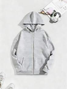 Plus Size Men's Casual Solid Color Zipper Pocket Hoodie Sweatshirt, Suitable For Street, Outdoor, And Daily Versatile Wear - Grey - View 2