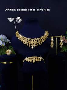 5pcs 18K Gold Plated Luxury Royal Style Geometric Tassel Design Bridal Wedding Jewelry Set, Handset White Cubic Zirconia, Including Necklace, Bracelet, Earrings, Ring, Suitable For Daily Wear And Wedding, Wedding Anniversary Gift (Comes In Gold Gift Box) - Gold - View 4