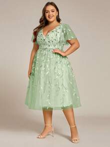 Đầm midi thanh lịch màu xanh bạc hà, tay ngắn, cổ chữ V, họa tiết hoa đính sequin, thích hợp cho tiệc cưới, du lịch mùa xuân/hè. - Màu xanh Bạc hà - Xem 4