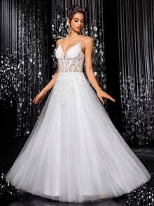Solid Color Beaded Sequin Embroidered Mesh Sheer Umbrella Hem Backless Tie Strap Maxi Wedding Dress - White - View 3