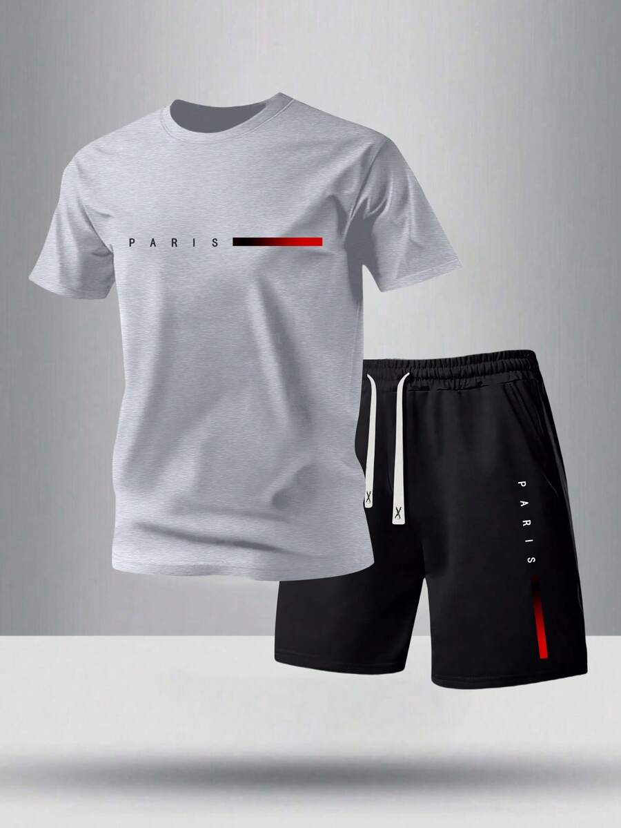 Men's Summer Short Sleeve T-Shirt And Shorts Set, Personalized Paris Letter Print Pattern Fashion Casual Outfits, Suitable For Outdoor, Running, Golf, Fishing, Basketball, Camping, Gym, Swimming And Beach, Great Gift For Husband Or Boyfriend - Multicolor - View 1