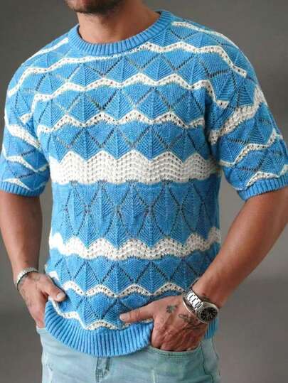 Nueva camiseta de punto de manga corta para hombre con bloques de color a rayas, textura transpirable para primavera y verano