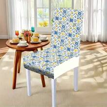 1/4/5/6/7/36pcs Simple Style Yellow Lemon, Light-Colored Floral Tile Pattern Print Chair Cover/Seat Cushion Set, Suitable For Indoor Home, Dining Room, Hotel, Ideal Choice For Modern Daily Decor. Tablecloth Fits Square Dining Table, Elastic Chair Covers Are Washable. - Multicolor - View 13