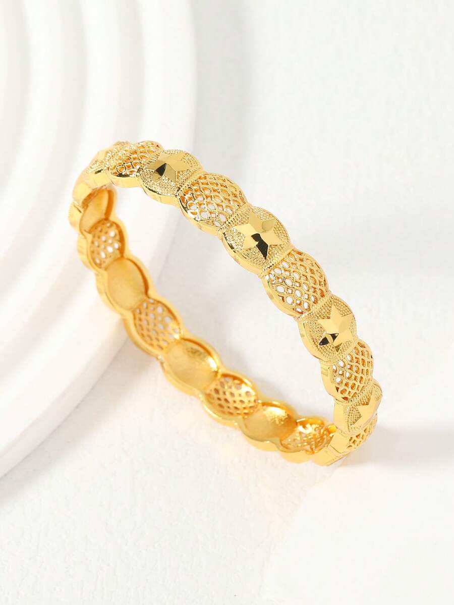 1件24K镀金镂空六芒星格子马赛克女士手镯，奢华小众设计派对配饰 - 金黃色 - 查看 1