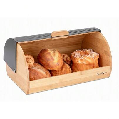 Große schwarze Brotdose aus Bambusholz mit Metalldeckel – Designer-Küchenaufbewahrungsbehälter für Brot, Brötchen, Baguettes, Gebäck und Laibe – Funktionaler und leicht zu reinigender Brothalter für moderne, traditionelle und rustikale Kücheneinrichtungen – Stilvoller Organizer für frisches Brot und Backwaren