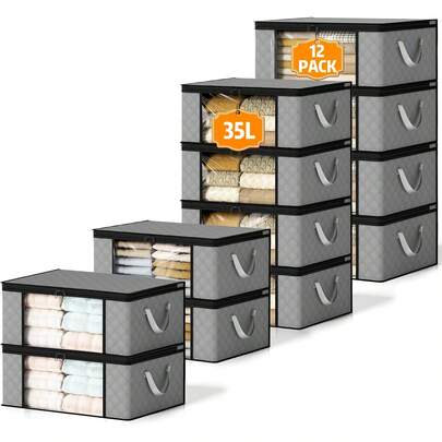 Paquete de 12 bolsas de almacenamiento de ropa, contenedores de almacenamiento debajo de la cama de 35 L, cajas de almacenamiento plegables con ventana transparente y asas reforzadas, para guardar almohadas, ropa de cama, juguetes, mantas y ropa.