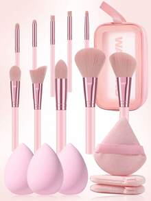 开斋节17件套/1件装完整化妆刷套装，包含10支柔软化妆刷——如透明散粉刷、腮红刷、轮廓刷、高光刷、粉底刷、鼻影刷、眼影刷和唇刷——另加1个旅行便携防水化妆包、3个三角美妆蛋和3个液体化妆蛋；非常适合初学者、专业化妆师和新手美妆练习场景。 - 粉色 - 查看 1