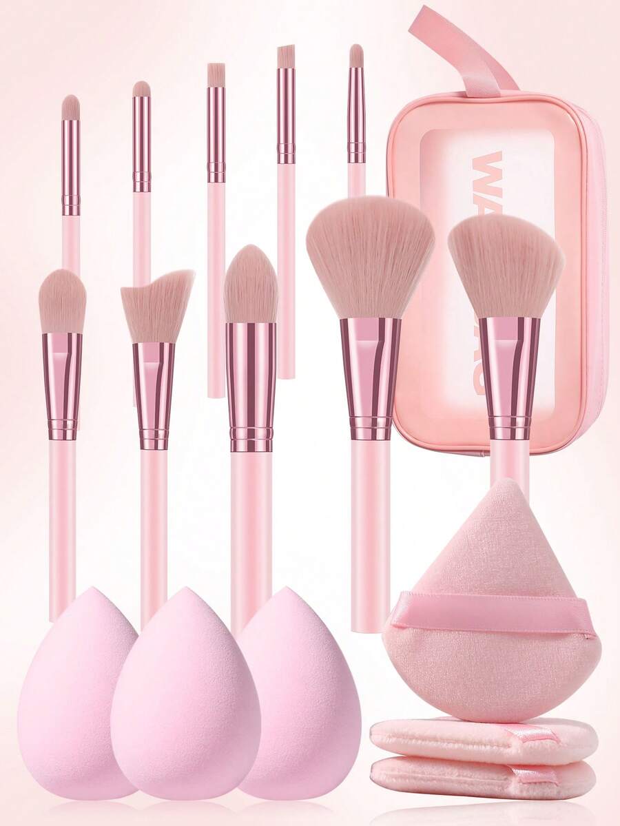 开斋节17件套/1件装完整化妆刷套装，包含10支柔软化妆刷——如透明散粉刷、腮红刷、轮廓刷、高光刷、粉底刷、鼻影刷、眼影刷和唇刷——另加1个旅行便携防水化妆包、3个三角美妆蛋和3个液体化妆蛋；非常适合初学者、专业化妆师和新手美妆练习场景。 - 粉色 - 查看 1