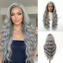 长卷发13*4蕾丝假发，银灰色蓬松卷发，耐热合成蕾丝前假发，适合约会、日常佩戴及特殊场合。 - 灰色 - 查看 11