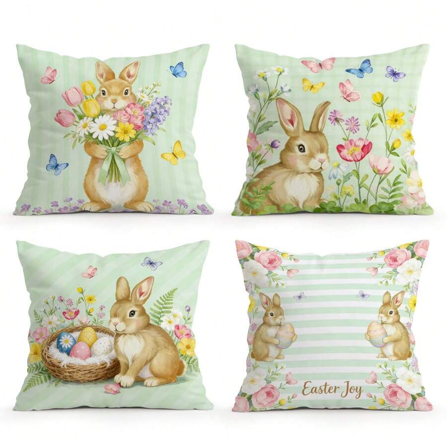 4pcs Easter Theme Spring Striped Floral Butterfly Rabbit Illustration Cushion Cover, Single-Sided Printed Pillow Case, Suitable For Living Room Bedroom Home Decor, All Season - Pillow Insert Not Included - Multicolor 06 - View 1