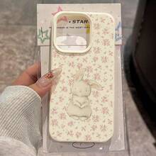 1pc TPU Material Healing Soft Pink Flower Rabbit Pattern Phone Case Compatible With IPhone 17 Pro Max/17/16 Pro Max/15/13/12/11, S20 FE/A15/S24/A55, Redmi Note 11/12/13 Pro, Full Coverage Anti-Drop Soft Protective Phone Cover - White - View 1