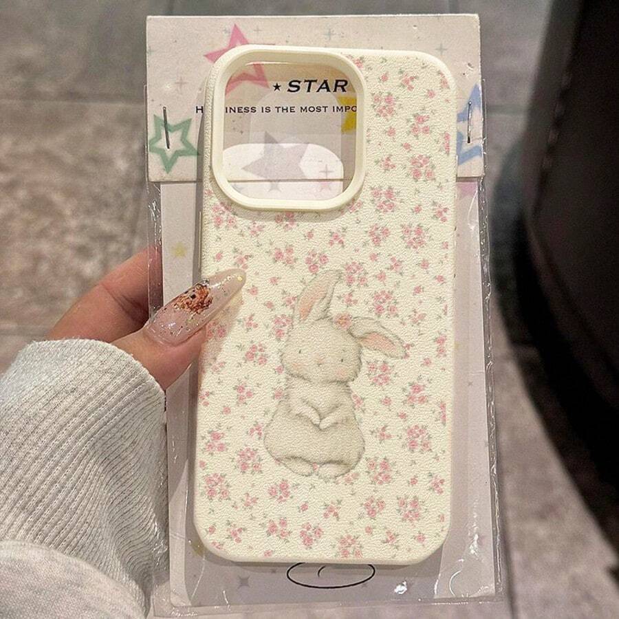 1pc TPU Material Healing Soft Pink Flower Rabbit Pattern Phone Case Compatible With IPhone 17 Pro Max/17/16 Pro Max/15/13/12/11, S20 FE/A15/S24/A55, Redmi Note 11/12/13 Pro, Full Coverage Anti-Drop Soft Protective Phone Cover - White - View 1