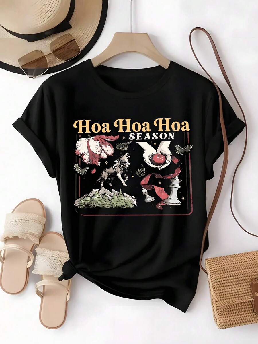 Camiseta estampada,Hoa Hoa Hoa,diseño abstracto,artístico,cuello redondo,manga corta,estilo alternativo,salidas urbanas,Extrañar jóvenes,streetwear,verano 2026,moda diferente,blusas elegantes dama,tops,parejas,blusas curvy mujer. - Negro - Ver 1