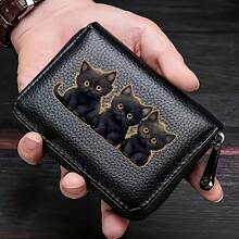 9卡位女士PU卡包，黑猫、乌鸦、狗、四猫图案，防磁拉链零钱包，风琴式设计，学生节日礼物 - 黑色 - 查看 11