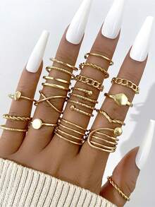 Set de 18 anillos de tono dorado con forma asimétrica para mujer - Amarillo Oro - Ver 1