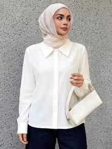 Livesso Solid Curved Hem Shirt,Long Sleeve Tops,Fall Clothes Preppy Tops - White - View 2