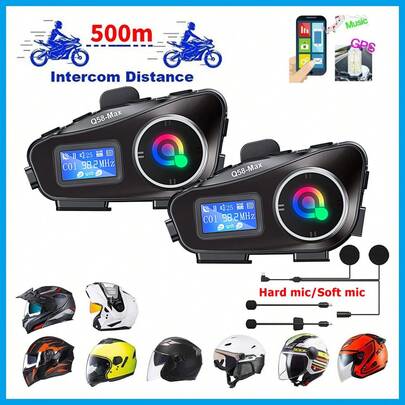 2个Q58 Max摩托车头盔蓝牙对讲机，IP65防水，500米对讲范围，支持混音、音乐共享、液晶屏、LED手电筒，支持混音、音乐共享、均衡器音效，最大支持32GB存储卡，适用于全盔和半盔（本产品不含存储卡）（仅支持同型号对讲机之间的通信，不支持与其他型号对讲机连接）