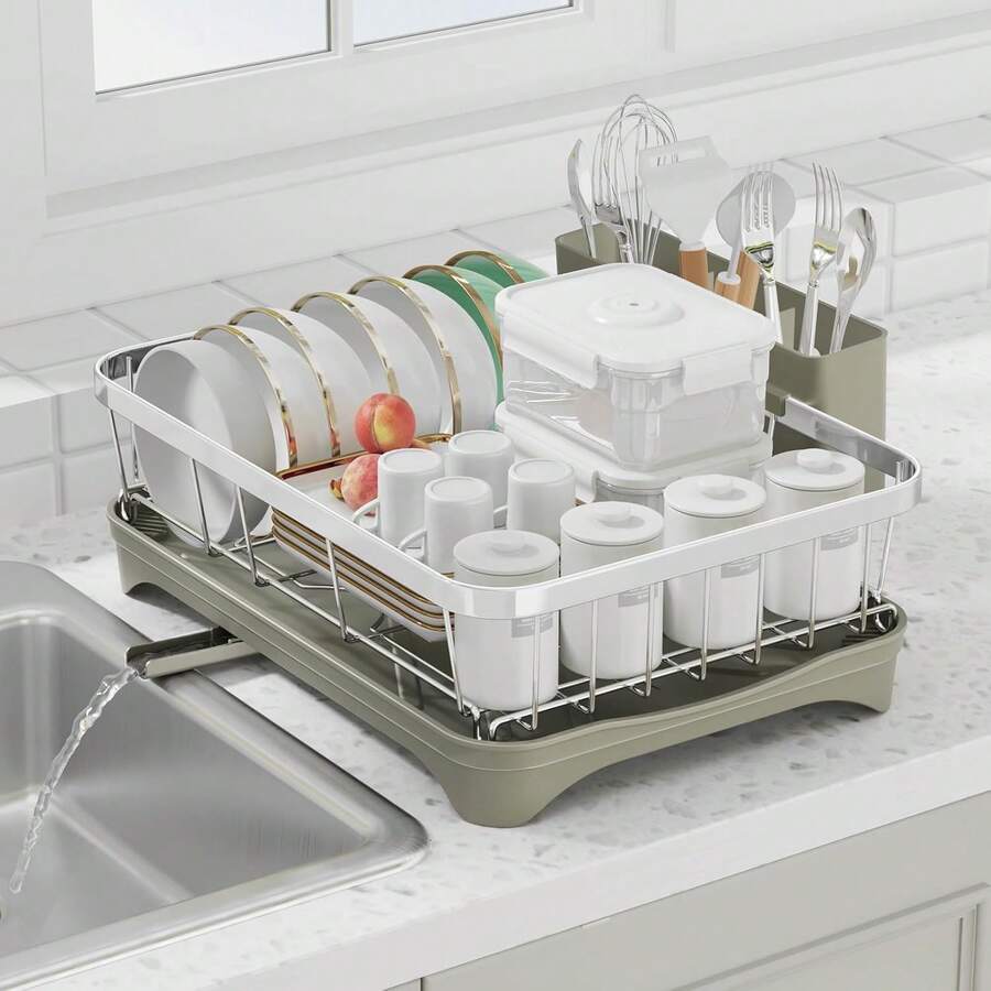 304 Stainless Steel Dish Drying Rack With Drain Board, Automatic Draining And Drying Rack For Kitchen Countertops, Large Capacity Dish Drainer, Suitable For Bowls, Cups, And Dishes. - Grey - View 1