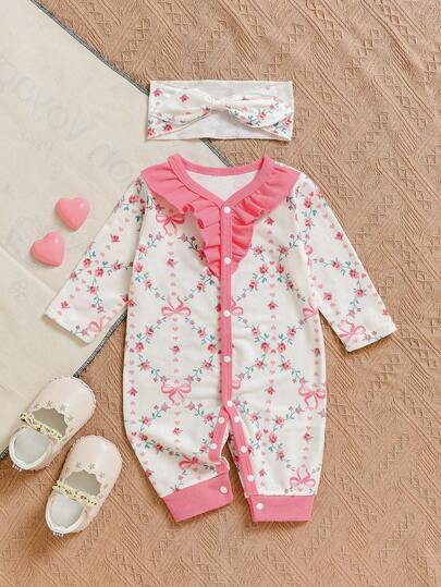 Baby Girl Floral Lace Collar Button Design Long Sleeve Cute Floral Romper + Adorable Headband