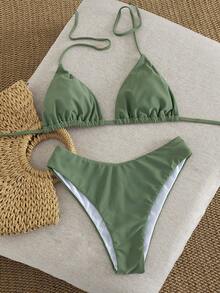 Women's Halter Tie Sexy Dark Green Bikini Swimwear Set For Beach Vacation, Halter Tie Backless Women's Swimwear, Casual Vacation Elegant Women's Beach Swimwear, Made Of High Elastic Fabric, Double-Layer Breathable Fabric Summer - Green - View 7