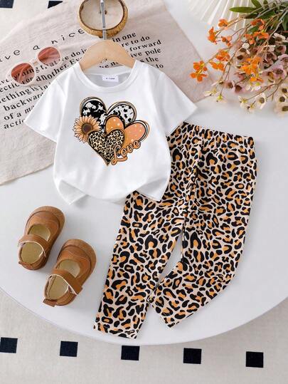 Baby Girl Cute Letter Print White Round Neck Short Sleeve Top Paired With Comfortable Leopard Print Casual Pants