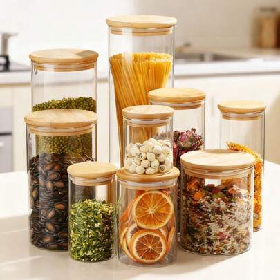 Tarros de almacenamiento de especias, hechos de material de vidrio borosilicato transparente de alta calidad, tapa de bambú con sello de silicona, adecuados para el almacenamiento de diversas especias; Recipientes transparentes portátiles para condimentos y especias, también se pueden usar para almacenar hojas de té, granos de café, azúcar, caramelos, galletas y otros suministros de cocina y hogar.