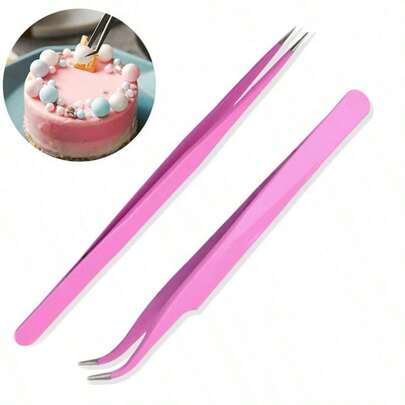 2pcs Stainless Steel Straight & Bent Tip Tweezers, Anti-Static Craft Tools Suitable For Cake Decorating, Jewelry Making, Epoxy Resin, DIY Scrapbooking
