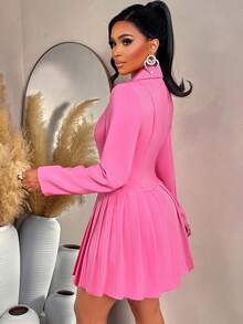 AIJ Amarilo Women's Pink V-Neck Notched Lapel Long Sleeve Belted Pleated Hem Blazer Dress – Perfect For Valentine's Day Outfit, Wedding Guest Attire, Carnival Costume & Spring/Summer Night Party Elegant - Pink - View 2