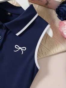 1 pièce Robe plissée évasée sans manches avec col polo pour filles, bleu marine, décoration nœud papillon, été - Bleu marine - Voir 3