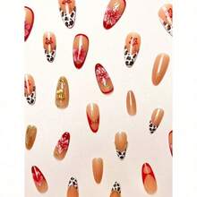 24pcs/Set French Almond-Shaped Ocean Style Elegant 3D Stereo Starfish, Red & Yellow Flower, Seashell, Golden Pearl Decorated Sweet Press-On Full Cover False Nails With 1pc Jelly Gel And 1pc Nail File, Adding A Romantic Touch For Daily Dates, Autumn/Winter - 彩色 - 查看 5