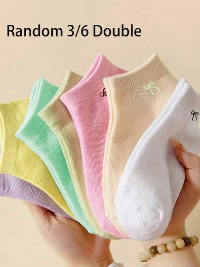 3/6 זוגות גרבי נשים חמודות בסגנון קוריאני, גרבי קרסול בלתי נראים בצבעי סוכריות עם קשת אחידה, גרבי קיץ קצרים