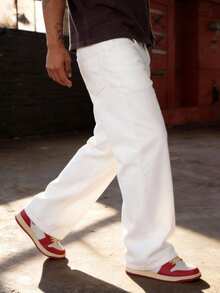 Men's White Loose Fit Casual Straight Leg Jeans, Versatile Minimalist Style Suitable For All Seasons - White - View 5