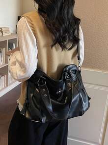 Retro Minimalist Large Capacity Fashion Student/Work Commute Tote Bag - Black - View 7