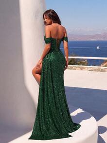 ADYCE Sequin Heart Neck Fishtail Ruffle Waist Long Tie Front Slit Backless Dress For Prom Party, Elegant - Dark Green - View 2