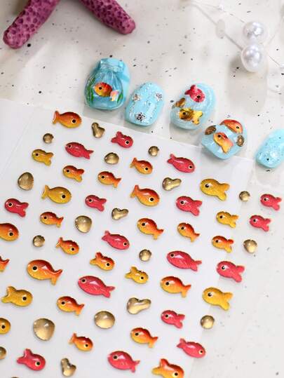 Little Red Fish Nail Art Stickers -1 PC 5D Embossed Jelly Goldfish Koi Decals Self-Adhesive Ute Glitter Fish Bubble High-Quality Jelly Series Nail Design Supplies For Women Girls Kid Summer Decorations 1 Sheet Nails