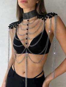 1件哥特风性感黑色细肩带金属流苏链条身体链，奢华肩链，时尚女王派对装扮 - 亮黑色 - 查看 6