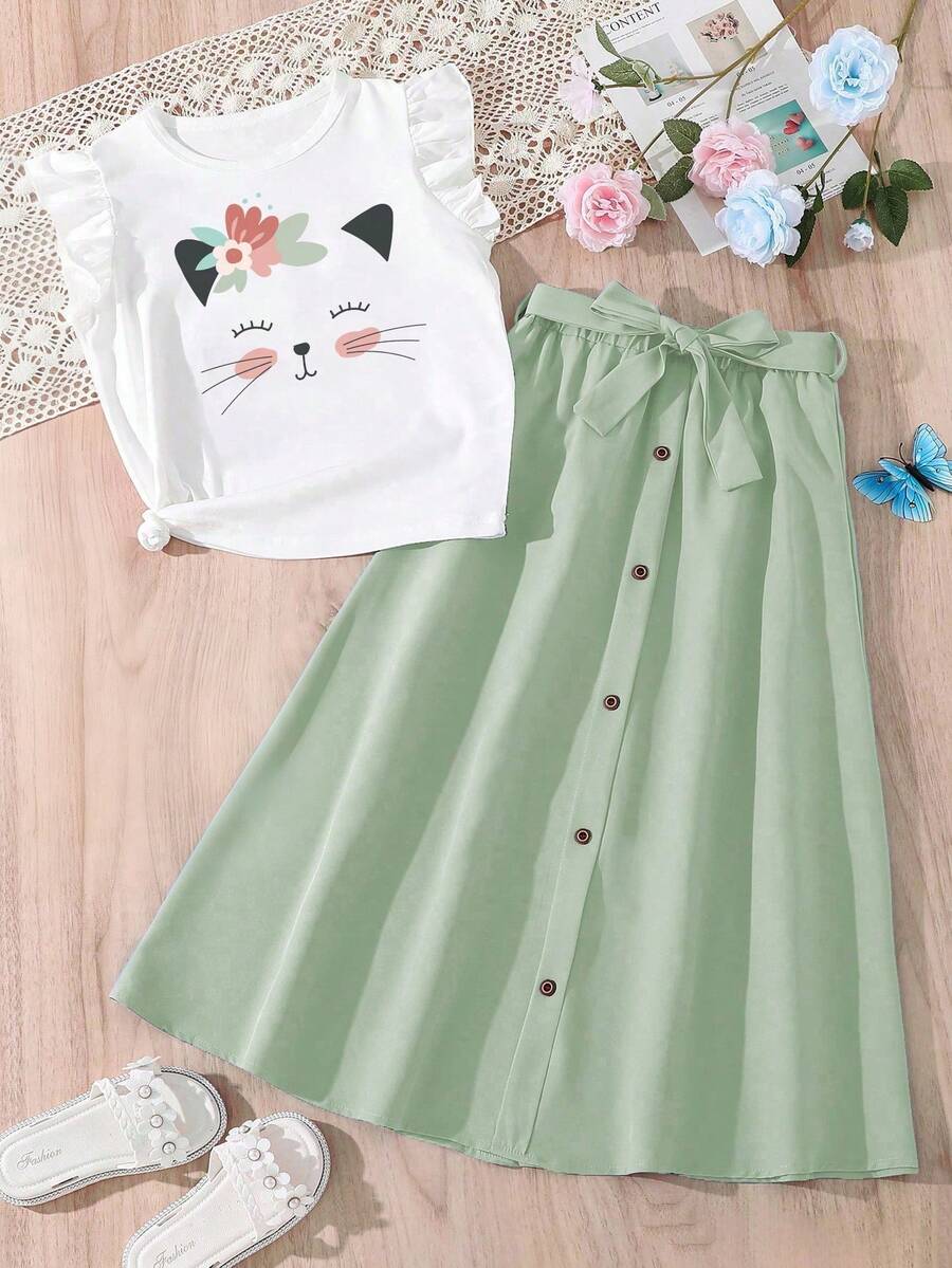女童卡通印花短袖上衣和纽扣前开迷你裙休闲两件套 - 白色 - 查看 1