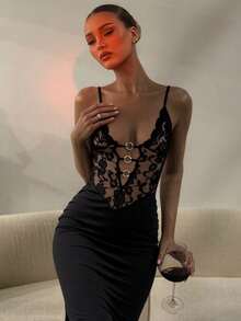 Lace Trim Corset Spaghetti Strap Maxi Gown Women's Clothing - 黑色 - 查看 1