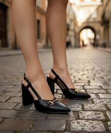 Estiletos altos para mujer, con hebilla frontal , tobillo descubierto, punteados, cómodos, Primavera- Verano. - Negro - Ver 4