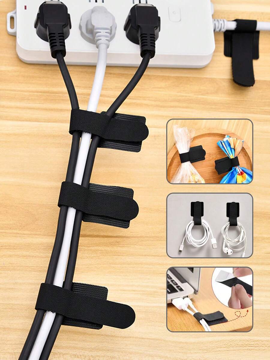 30pcs Cable Management Magic Hook And Loop Ties, Computer Cable Bundlers, Desktop Cable Organizer, Wire Routing Fixing Straps - Black - View 1