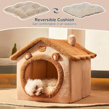 Dog House Dog Bed With Cover Cave With Non-Slip Bottom, M Size Tent Bed Up To 15 Lbs Cat And Puppy, Brown - Brown - View 6
