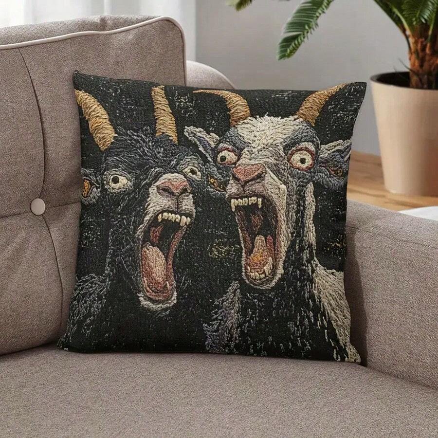 1PC 17.7 X 17.7 Inch Single-Sided Throw Pillowcase, 2D Printed Screaming Goat Pattern, Modern Style, Zip Closure. For Use With Plain Print Design, No Embroidery, No Insert Included. Room Decor Room Essentials Decirations For Bedroom Funny Gifts Spring Home Decor - 黑色 - 查看 1
