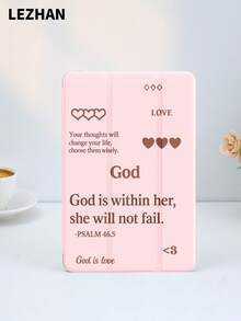 1pc Pink God Slogan Pattern Flat Protective Case With Tri-Fold Stand, Compatible With Apple IPad 10.2", IPad Pro 11" 2021/2020/10th Gen, IPad (A16) 11" 11th Gen 2025/9th Gen, IPad Air 4th 10.9", Galaxy Tab A8 10.5" 2022, Matepad 10.4/Tab, With Pencil Slot, Anti-Drop, Sleep/Wake Support, Romantic Valentine's Day Gift - Multicolor - View 1