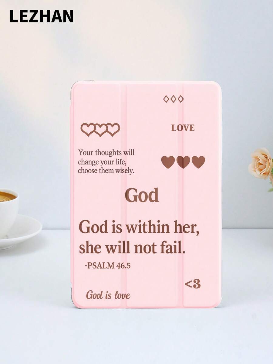 1pc Pink God Slogan Pattern Flat Protective Case With Tri-Fold Stand, Compatible With Apple IPad 10.2", IPad Pro 11" 2021/2020/10th Gen, IPad (A16) 11" 11th Gen 2025/9th Gen, IPad Air 4th 10.9", Galaxy Tab A8 10.5" 2022, Matepad 10.4/Tab, With Pencil Slot, Anti-Drop, Sleep/Wake Support, Romantic Valentine's Day Gift - Multicolor - View 1