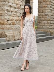 PARTHEA Elegant Sleeveless Strappy Cami Midi Dress With Knot Ruched Bust Backless Smocking And Floral Print Contrast Lace Detailing - Pink - View 6