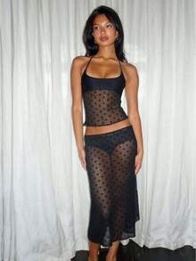 Awevudst Women Summer Sheer Mesh 2Piece Outfit Polka Dots Print Halter Neck Crop Cami Top + Bodycon Low Waist Midi Skirts Set Beachwear Swimsuit Cover Ups - 黑色 - 查看 1