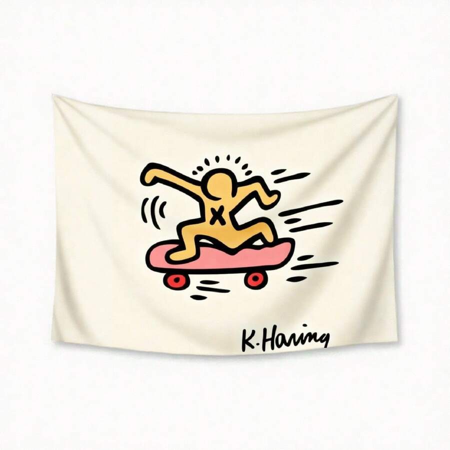 1pc Bedroom Decor Keith Haring Skateboarder In Motion With Signature Tapestry, Decorative Wall Hanging Tapestry For Bedroom, Lotus Spiritual Tapestry, Beach Mat, College Dorm Home Decor Hanging Cloth Gifts Birthday Graduation - 1PC - Xem 1