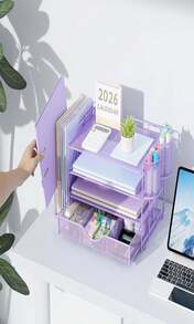 Gianotter Desk Organizers And Accessories With File Holder, 4-Tier Desk Accessories &Amp; Workspace Organizers With Drawer And 2 Pen Holder, Paper Organizer For Office Supplies (Purple) - ColorG - 查看 6